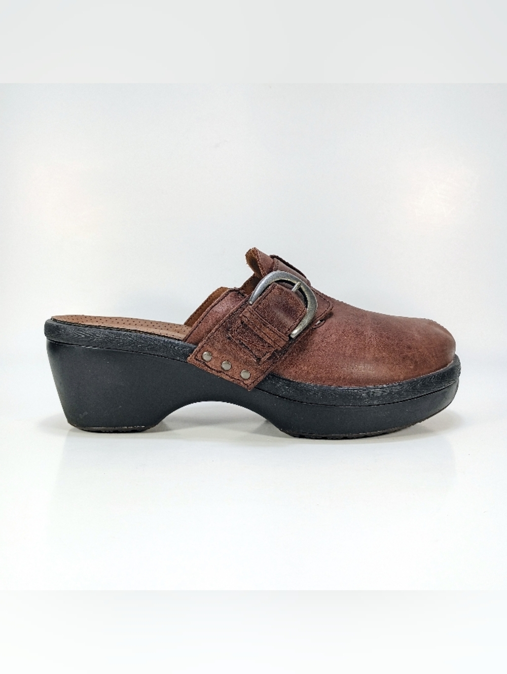 Crocs Cobbler Buckle Womens 9 Brown Leather Wedge Heel Slip On Clogs